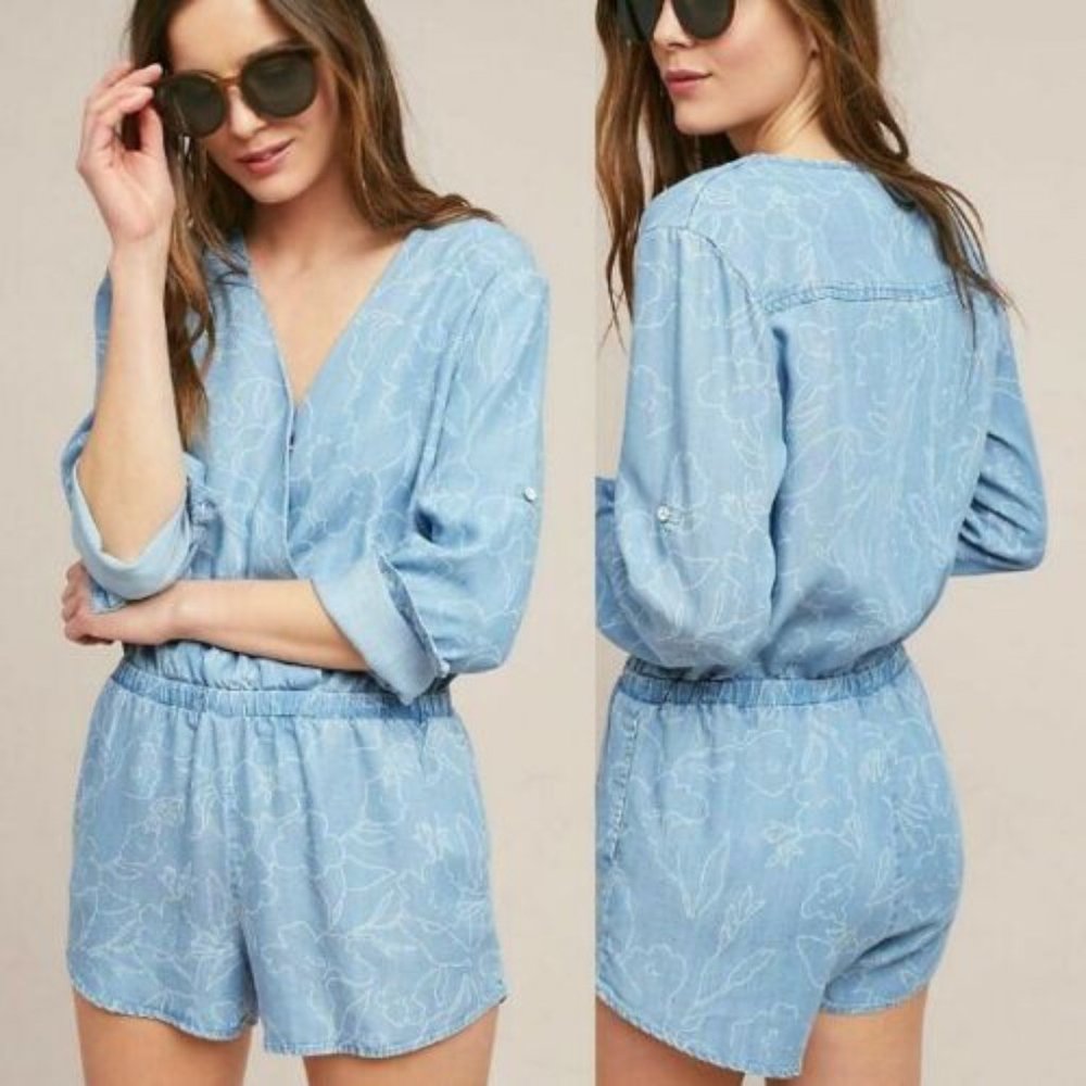 Anthropologie Cloth & Stone Floral Chambray Romper